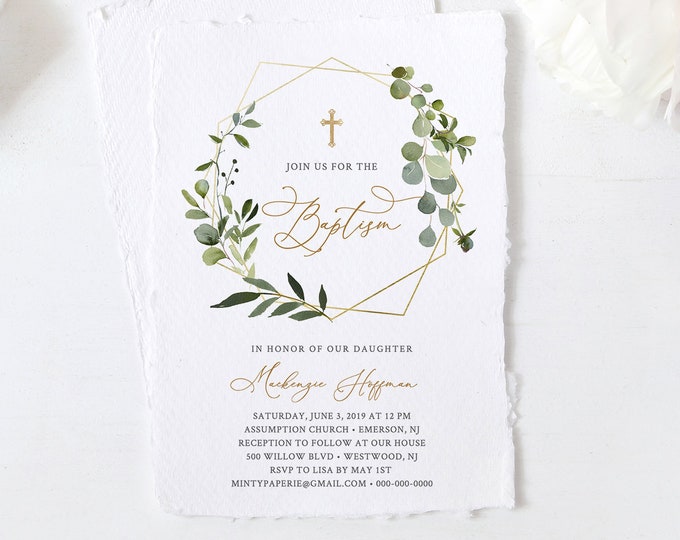 Baptism Invitation Template, Boy or Girl Baptism Invite, Greenery Christening, 100% Editable Text, INSTANT DOWNLOAD, Templett #056-113BC