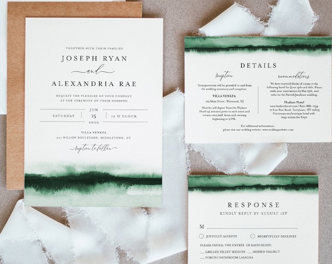 Emerald Watercolor Wedding Invitation Set, Invite, RSVP, Details, Modern, Minimalist, Editable Templates, Instant Download, Templett #093C