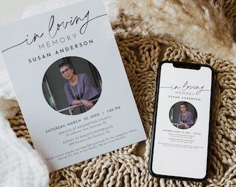 Funeral Announcement, Memorial Service Invite, Photo Funeral Evite, Celebration of Life, Editable Template, Instant, Templett #0032-105FA