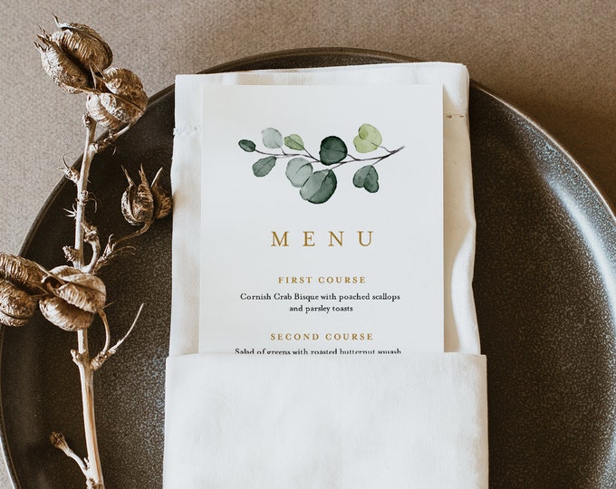 Greenery Menu Template, Modern, Elegant, INSTANT DOWNLOAD, Printable Wedding Dinner Menu Card, 100% Editable Text, Templett #007-166WM