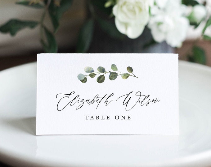 Greenery Wedding Place Card Template, Printable Escort Card, Name Card, Minimalist Seating Card, Instant Download, 100% Editable #082-165PC