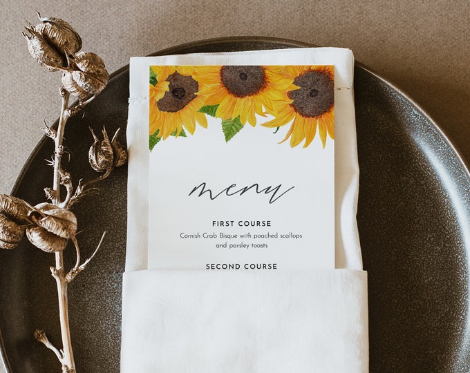 Sunflower Menu Template, Wedding Dinner Menu Card, Printable Bridal or Baby Shower Menu, Editable, Instant Download, Templett #0010-180WM