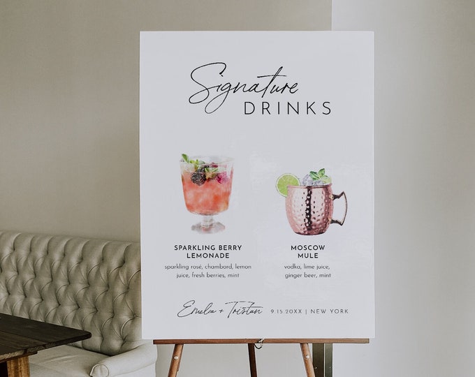 Signature Drinks Sign, Cocktails, Wine, Beer, Minimalist Signature Bar Menu, Alcohol, Editable, Instant Download, Templett #0024-02S