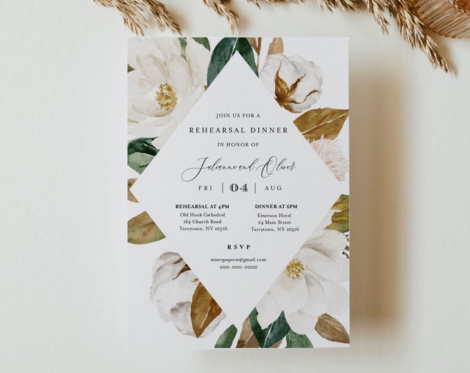 Magnolia Rehearsal Dinner Invitation Template, Rehearsal Invite, Southern Wedding, 100% Editable Text, Instant Download, Templett #015-153RD