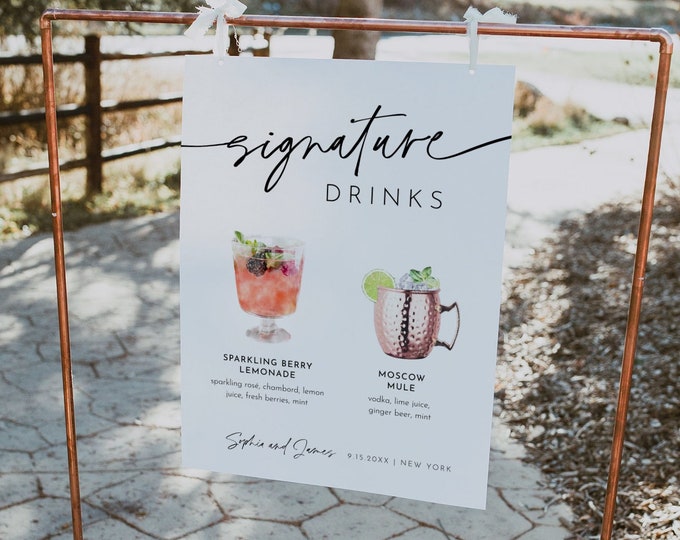 Signature Drinks Sign, Cocktails, Wine, Beer, His and Her, Minimalist Signature Bar Menu, Alcohol, Editable, Instant, Templett #0032-08S