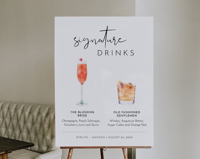 Signature Drinks Sign, Cocktail, Wine, Beer, Minimalist Signature Bar Menu, His and Her Drinks, Alcohol, Instant Download, Templett 0031-50S