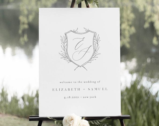 Monogram Crest Welcome Sign, Minimalist Wedding Logo Poster, 100% Editable Template, Instant Download, Printable, Templett #0007-209LS