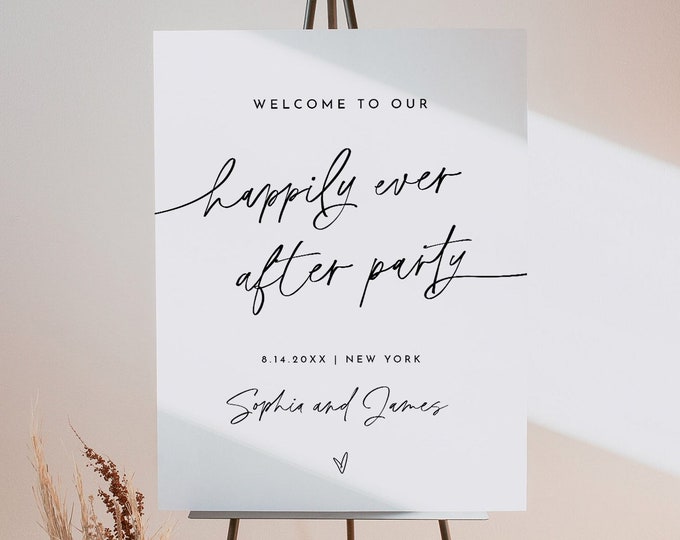 Modern Welcome Sign, Happily Ever after Party, Minimalist Wedding Bridal Shower Poster, Instant, Editable Template, Templett #0032-319LS