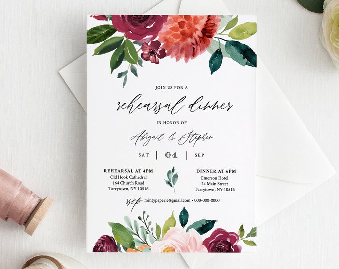 DIY Rehearsal Dinner Invitation, INSTANT DOWNLOAD, Editable Template, Printable Wedding Rehearsal Invite, Burnt Orange Florals #002-145RD