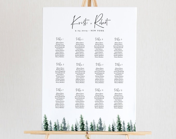 Pine Tree Seating Chart Template, Wedding Seating Sign, Alphabetical & Table Number Order, 100% Editable Text, INSTANT DOWNLOAD #073-231SC