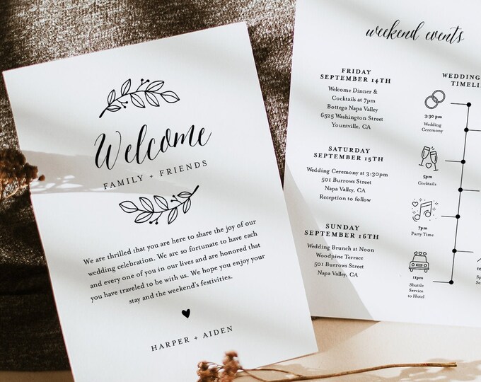 Rustic Welcome Letter & Timeline Template, Wedding Order of Events and Itinerary Icons, INSTANT DOWNLOAD, Editable Text, Templett #039-145WB