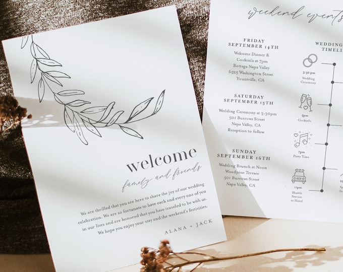 Laurel Welcome Letter & Timeline Template, Fine Art Wedding Order of Events, Itinerary, INSTANT DOWNLOAD, 100% Editable Text #0006B-152WB