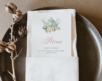 Tea Party Menu Template, Teapot Wedding Menu Card, Printable Bridal Shower Menu, Editable Text, Instant Download, Templett #085A-176WM