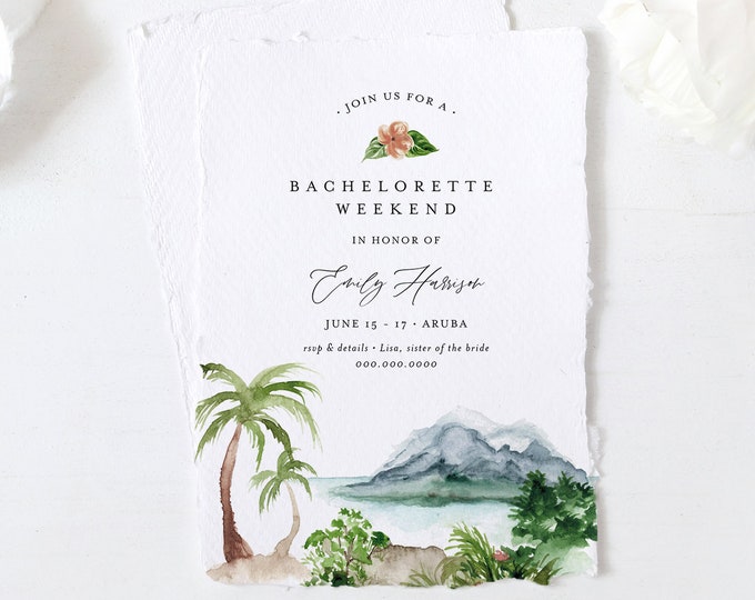 Tropical Bachelorette Weekend Invitation & Itinerary, Beach, Destination, Palm, Editable Template, Printable, Templett, Instant #017-137BP