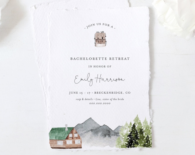 Bachelorette Retreat Weekend Invitation & Itinerary, Mountain, Wilderness, Glamping, Cabin, Lake, Editable Template, Templett #017-136BP