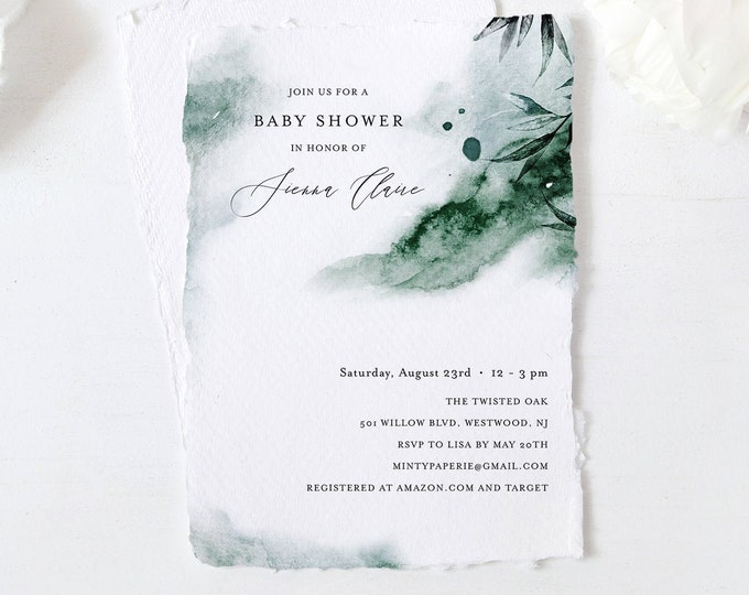 Baby Shower Invitation Template, Mystic Waters, Emerald Watercolor, Lake Baby Shower, Editable, DIY, Templett, INSTANT DOWNLOAD #0002-169BA