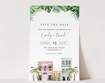 Charleston Save the Date Template, 100% Editable Text, Rainbow Row Wedding Date Card, Templett, Instant Download, Templett #017B-169SD