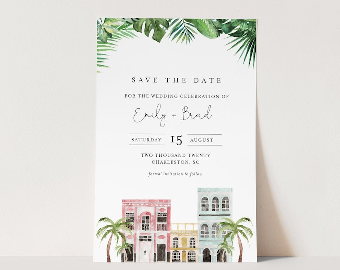 Charleston Save the Date Template, 100% Editable Text, Rainbow Row Wedding Date Card, Templett, Instant Download, Templett #017B-169SD