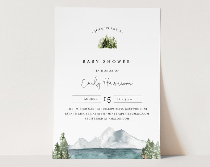 Mountain Baby Shower Invitation Template, Woodland Lake Baby Shower Invite, Gender Neutral, Templett, Instant Download #017A-144BA