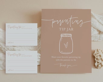 Parenting Tip Jar Sign and Advice Card, Gender Neutral Baby Shower Advice, Editable Template, Personalize Names, Templett #0009C-124AC