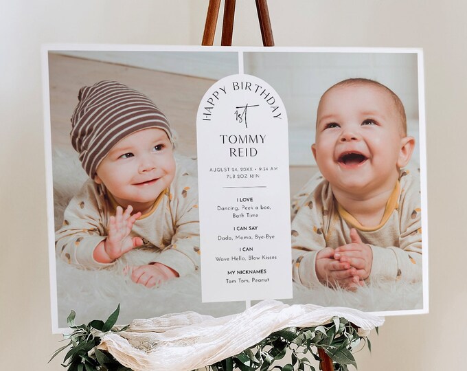 1st Year Baby Sign, Baby Stats, 1st Birthday Party, Milestones, Editable Template, Modern Arch, Instant, Templett, 18x24, 24x36 #0026-107FYS
