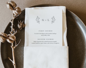Monogram Menu Template, Printable Modern Minimalist Wedding Dinner Menu Card, 100% Editable, INSTANT DOWNLOAD, Templett #095B-170WM