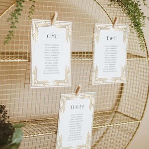 Art Deco Seating Chart Template, Minimal retro Wedding Seating Plan, Hanging Cards, 100% bewerkbaar, Instant Download, Templett #0021-140SP