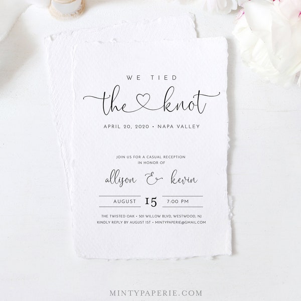 Elopement Invitation, We Tied the Knot, Minimalist Wedding Reception Party Invite, Editable Template, INSTANT DOWNLOAD, Templett #125EL