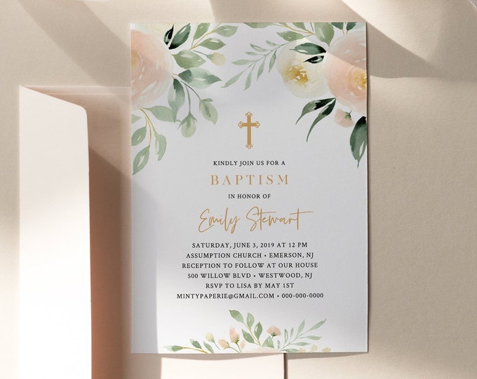 Baptism Invitation Template, Delicate Peach Blush Florals and Greenery, Printable, 100% Editable Text, Instant Download, Templett #076-104BC