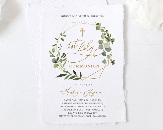 1st Holy Communion Invitation Template, Boy or Girl Holy Communion Invite, 100% Editable Text, INSTANT DOWNLOAD, Templett #056-112BC