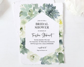 Bridal Shower Invitation Template, Watercolor Succulent Greenery, Wedding, Printable Couples Shower Invite, 100% Editable Text #075-213BS