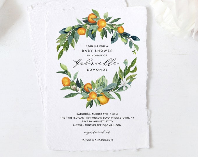 Summer Baby Shower Invitation Template, Printable Orange Blossom Baby Shower Invite, Gender Neutral, Templett, INSTANT DOWNLOAD #084-126BA