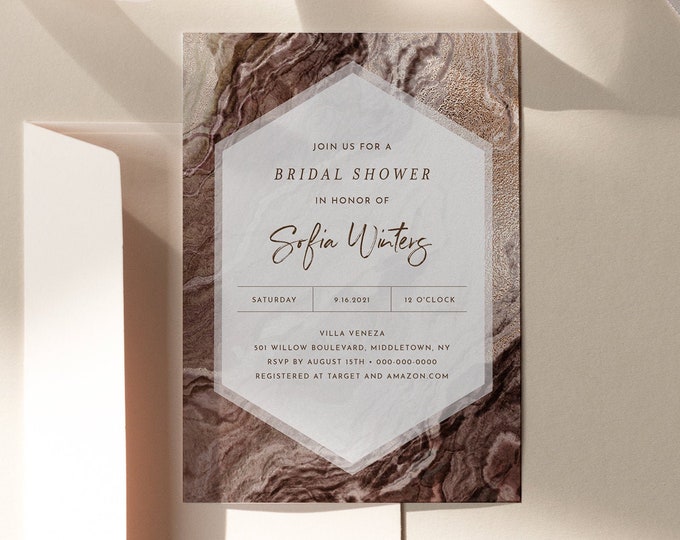 Earthy Agate Shower Invitation Template, Bronze Geode Wedding Shower Invite, Gold, Editable Text, Printable, INSTANT DOWNLOAD #098B-262BS