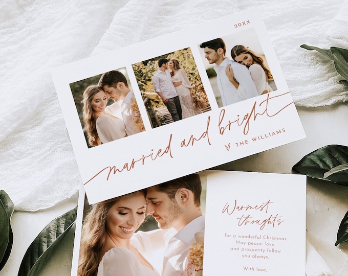 Boho Newlywed Photo Holiday Card Template, Married and Bright, Editable Text, Add Your Photos, Instant Download, Templett, 5x7 #0032-149HP