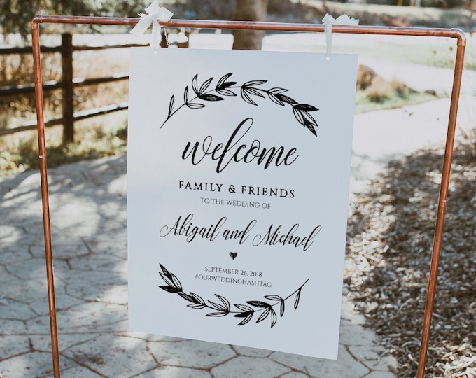 Wedding Welcome Sign Template, Printable Poster, 100% Editable, Instant Download, Rustic Laurels, Calligraphy, DIY, 18x24 & 24x36 #023-106LS