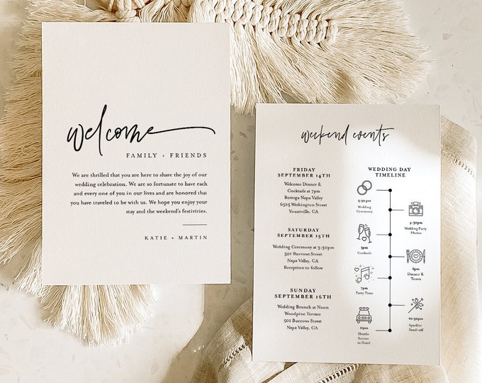 Minimalist Welcome Letter & Timeline Template, Wedding Order of Events, Itinerary, INSTANT DOWNLOAD, 100% Editable, Templett #0009-168WB