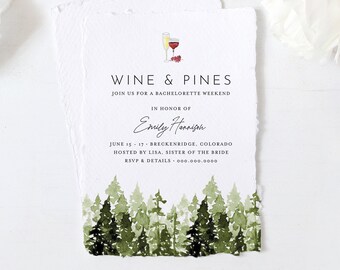 Bachelorette Weekend Invitation & Itinerary, Mountain Retreat, Glamping, Cabin, Lake, Wine + Pines, Editable Template, Printable #017-134BP