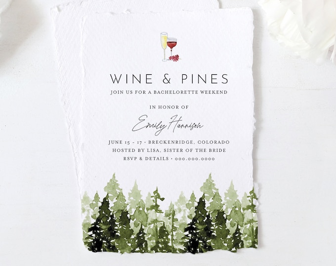 Bachelorette Weekend Invitation & Itinerary, Mountain Retreat, Glamping, Cabin, Lake, Wine + Pines, Editable Template, Printable #017-134BP