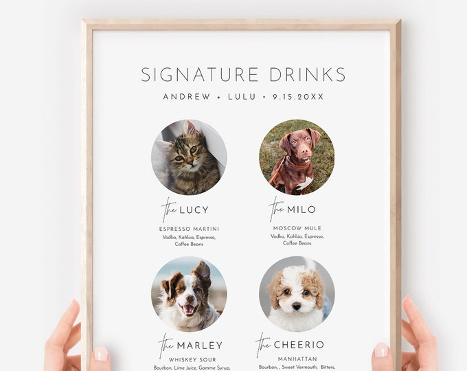Dog Cat Signature Cocktail, 4 Pets Signature Drink Sign, Minimal Wedding Drink Poster, Editable Template, Instant Download, Templett 094-32S