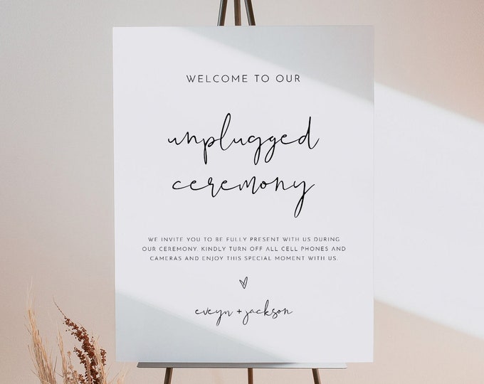 Unplugged Ceremony Wedding Sign, Minimal Welcome Sign, No Phone Camera, Editable Template, Instant Download, Templett 8x10 & 18x24 #0031-28S