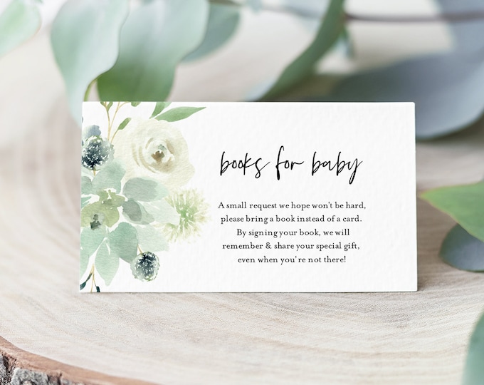 Books for Baby Card, Book Request, Greenery Baby Shower Invitation Book Insert, 100% Editable Text, INSTANT DOWNLOAD, Templett #075-114BFB