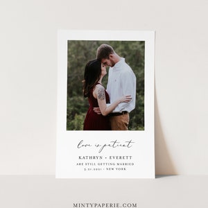 Foto Änderung der Pläne, verschoben Hochzeit Datum Ankündigung, Liebe ist geduldig, 100% bearbeitbar, Sofort Download, Templett, 4x6 #045-112PA2