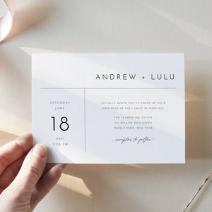 May include: A white wedding invitation with black text. The invitation reads "Andrew + Lulu" and includes the date "Saturday, June 18, 2021, 5:30 PM". The invitation also includes the location of the wedding, "The Florentine Estate, 501 Willow Boulevard, Middletown, New York".