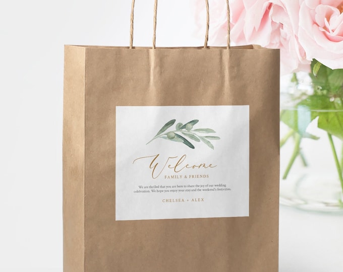 Welcome Bag Label Template, Olive Greenery Welcome Box Sticker, INSTANT DOWNLOAD, Editable Hotel Bag Printable, Templett #081-111WBL