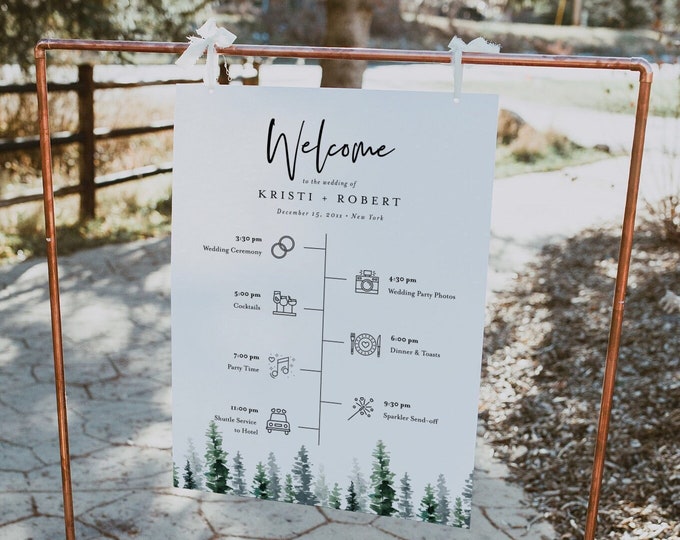 Welcome Sign and Timeline with Wedding Day Icons, Winter Pine Bridal Sign, Instant Download, Editable Template, Templett, DIY #073-256LS