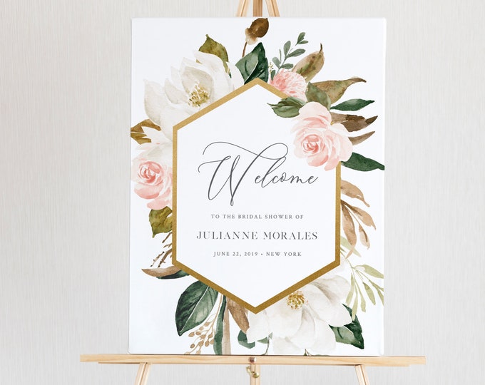 Magnolia Floral Welcome Sign Template, Wedding or Bridal Shower Welcome Sign Poster, Instant Download, Editable Text, Templett #015-151LS