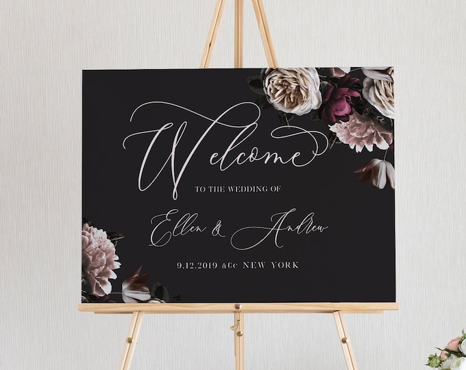 Welcome Sign Template, Moody Boho Florals, Wedding Welcome Poster, Bridal Shower Welcome, 100% Editable Text, Instant Download #009-146LS