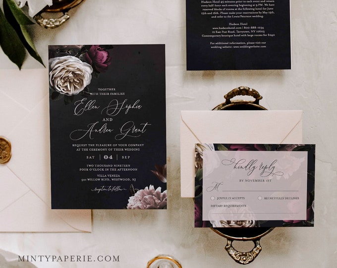 Botanical Wedding Invitation Suite, Moody Florals, 100% Editable Text, Dark Boho Vintage Invite, RSVP and Details, INSTANT DOWNLOAD #009A