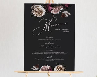 Wedding Menu Sign Template, Dark Moody Floral Menu, Dinner Menu Poster, Bar Menu, 100% Editable Text, INSTANT DOWNLOAD, Templett #009-135WM