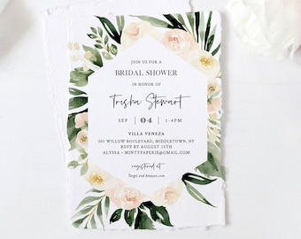 Boho Bridal Shower Invitation Template, Watercolor Cream & Peach Floral and Greenery, Spring Wedding Shower, 100% Editable Text #076-215BS